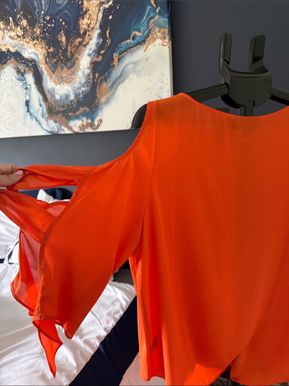NWOT BOLD elements Bright Orange Cold-Shoulder Ruffle Blouse - Picture 2 of 7